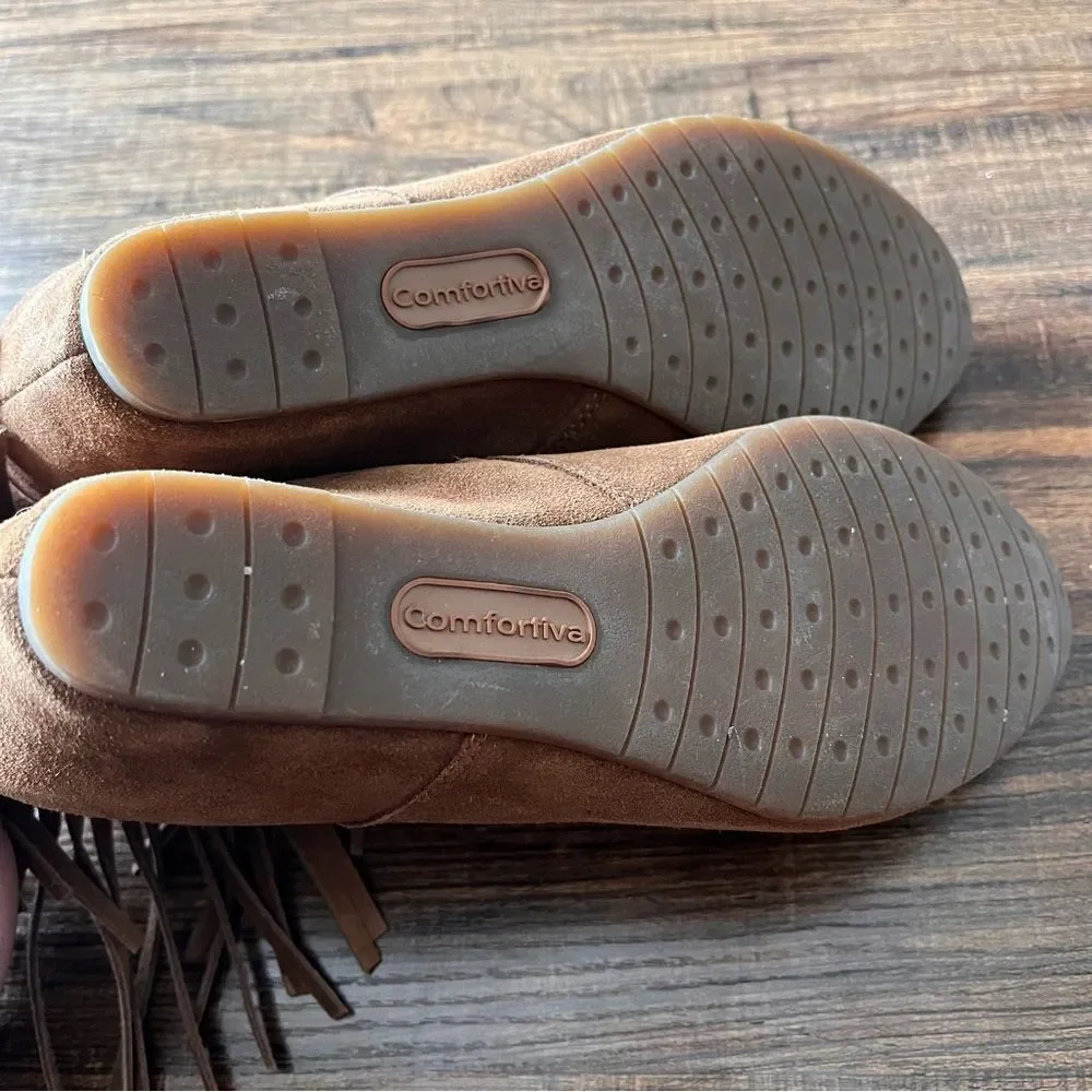 Comfortiva Riverton Brown Desert Tan Suede Leather Wedge Fringe Boot Size 8.5 M